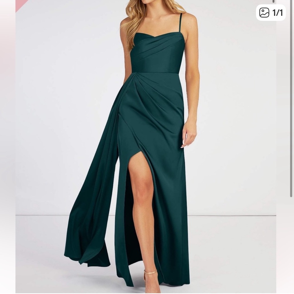 Azazie Bona Stretch Satin Bridesmaid/Wedding Guest Dress in Color Pine Size 8